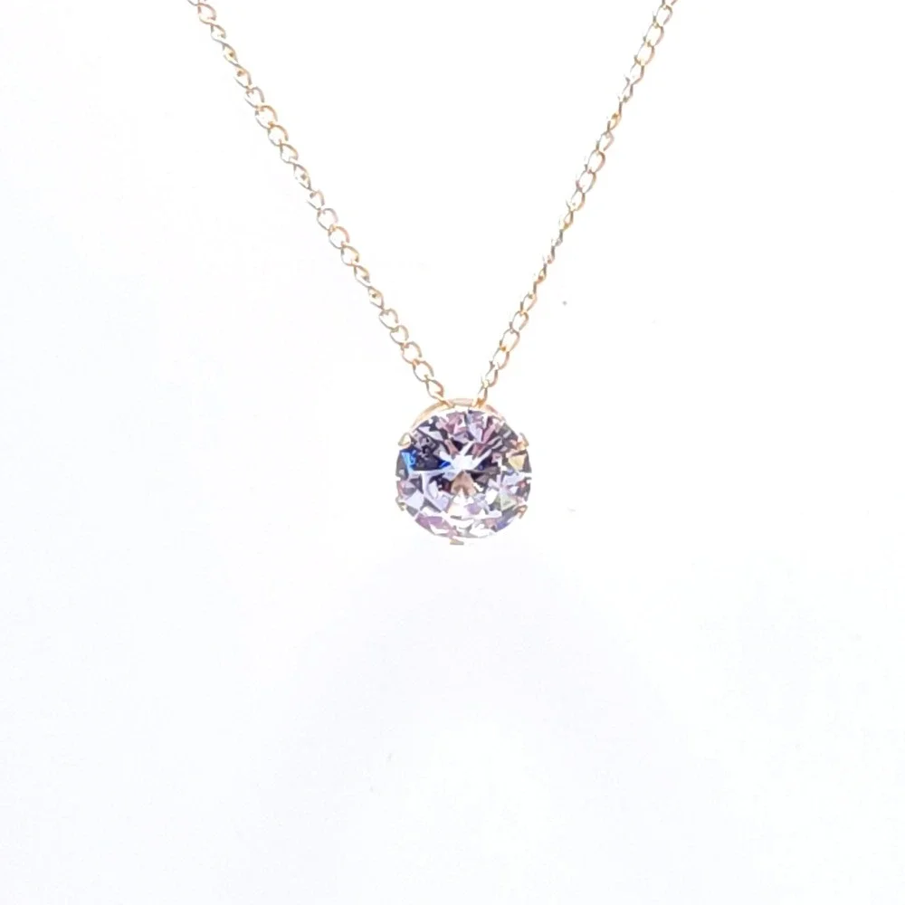Gold Tone Necklace Round Crystal Solitaire‎ Pendant 18in